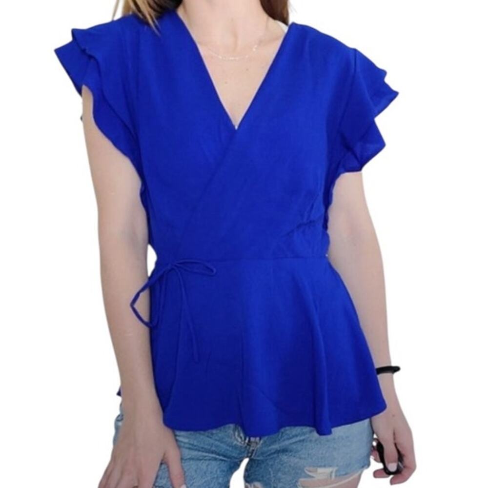 Monteau Women's Medium Blue Faux Wrap Ruffle Short Sleeve V-Neck Blouse